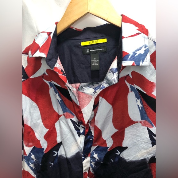 Macy’s INC men’s Abstract Stars and Stripes MED slim shirt Red white / Navy - Picture 7 of 11